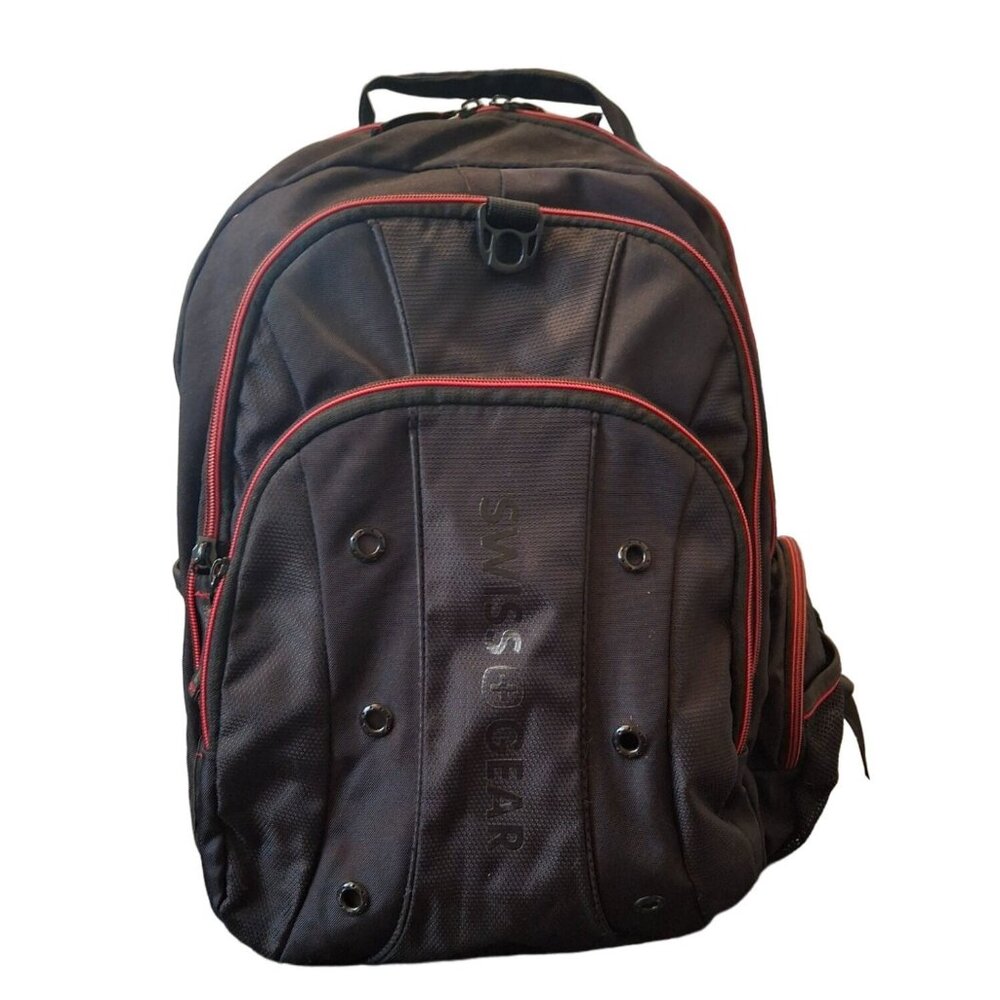 Swiss Gear Black Laptop Backpack With Red Accents Multiple Compartments